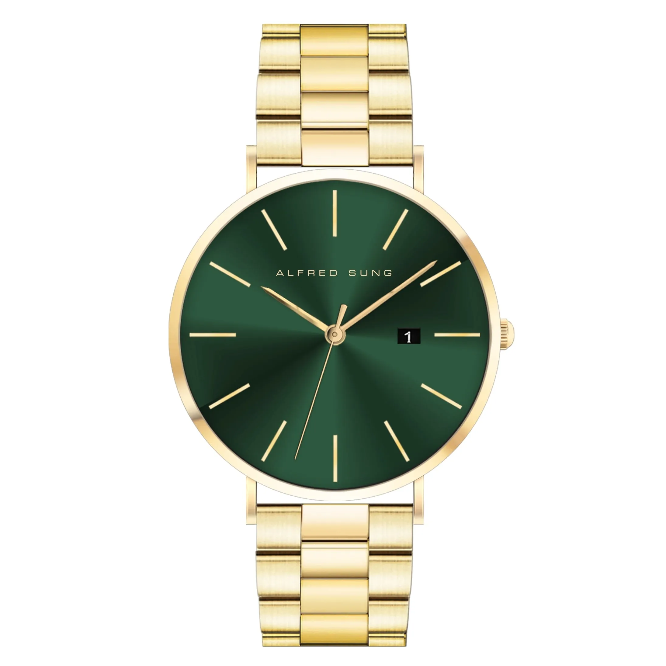 Alfred Sung Metropolitan Date Green Dial Gold Bracelet watch