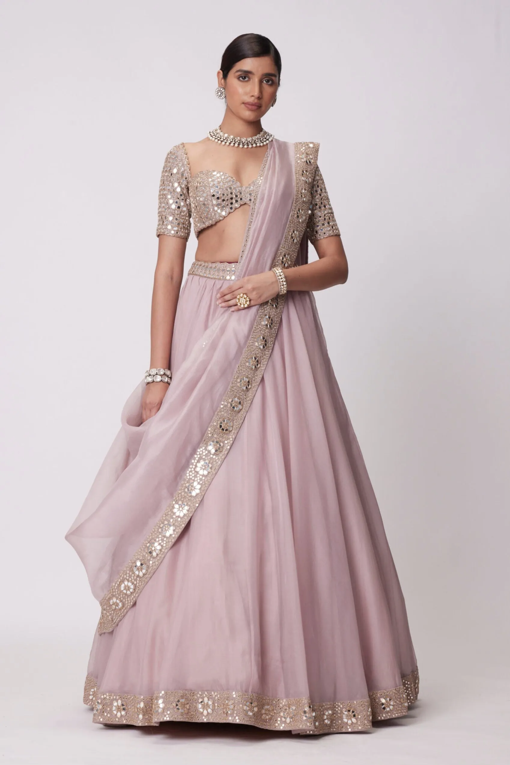 Ash Pink flower Border Organza Lehenga Set