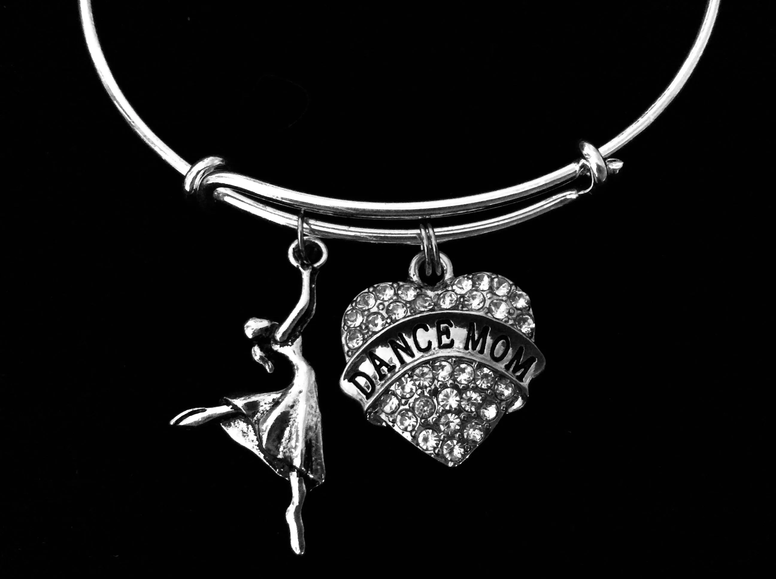Dance Mom Crystal Heart Expandable Charm Bracelet Adjustable Silver Bangle One Size Fits All Gift Ballet Tap Dance Dancer Jewelry