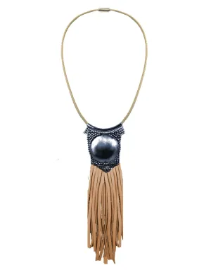 Fiona Paxton Light Beaded Statement Pendant Necklace w/ Leather Fringe