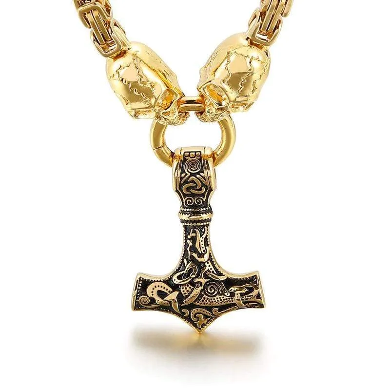Gold Trimmed King Chain With Skull & Mjolnir Pendant
