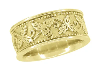 Grapes and Grape Leaves 8mm Wide Heavy Wedding Band in 14 Karat Yellow Gold