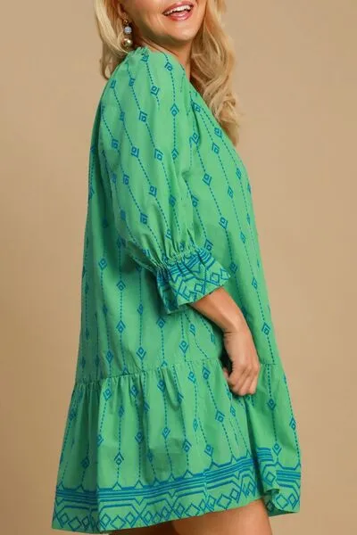 Green Tassel Embroidered Flounce Sleeve Mini Dress