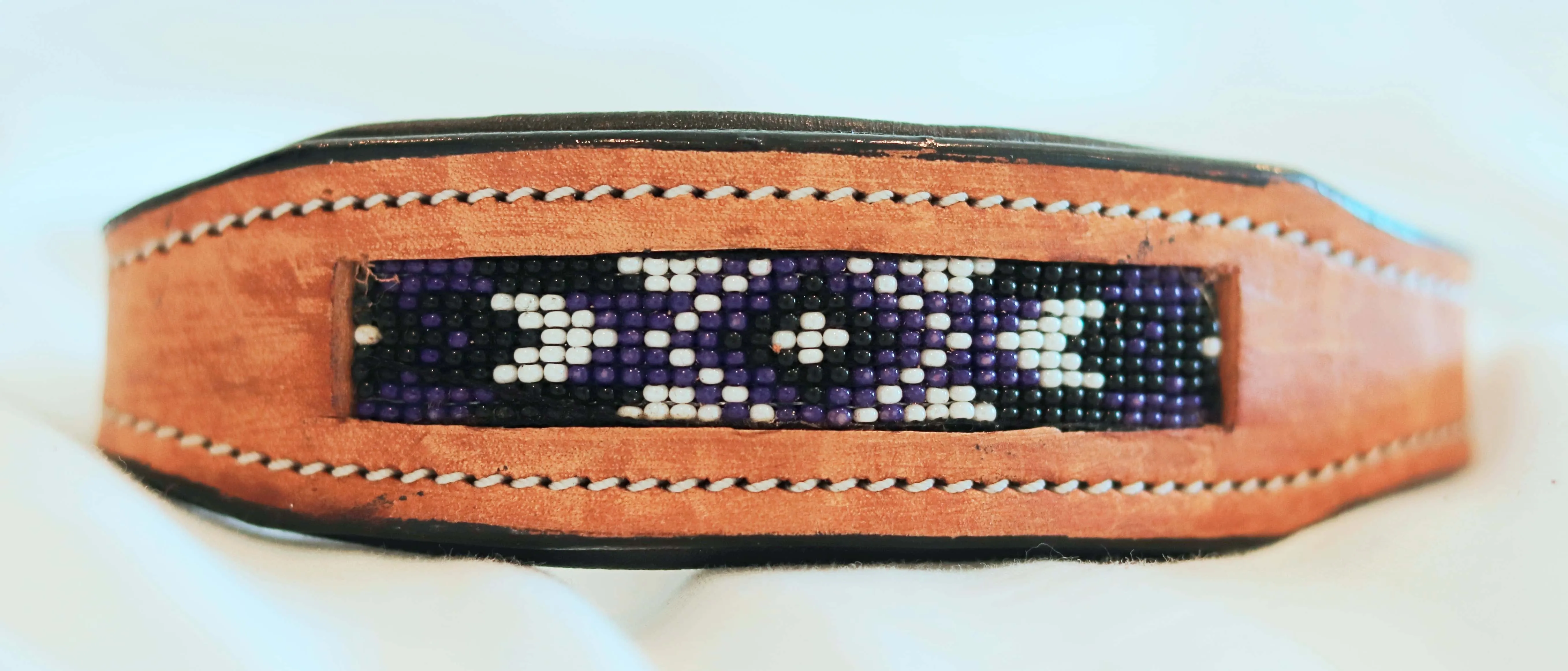 Handcrafted Padded Leather Tooled Dog Collar with Purple and Black Beading