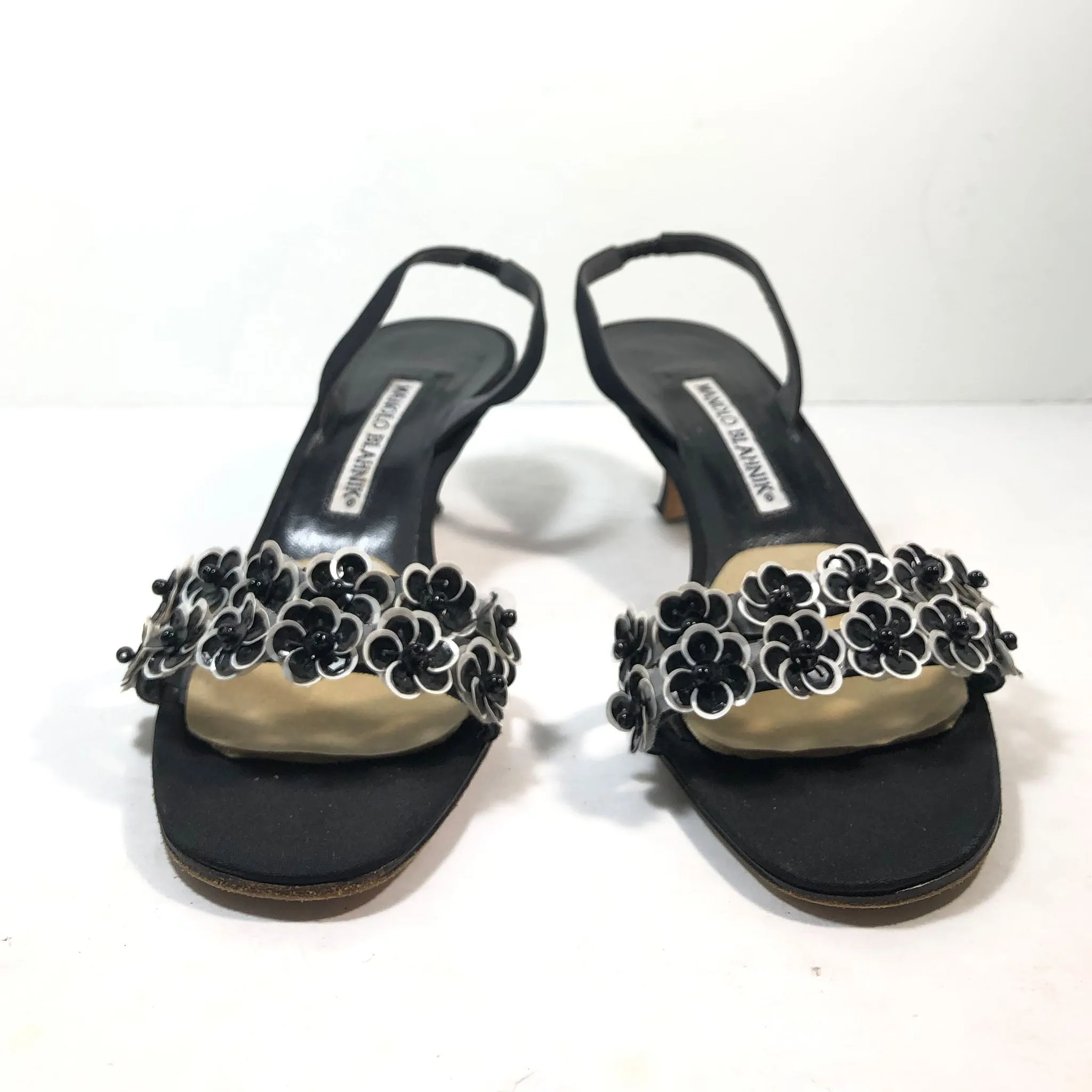 MANOLO BLAHNIK Black & White Slingback Heels Size 38 1/2