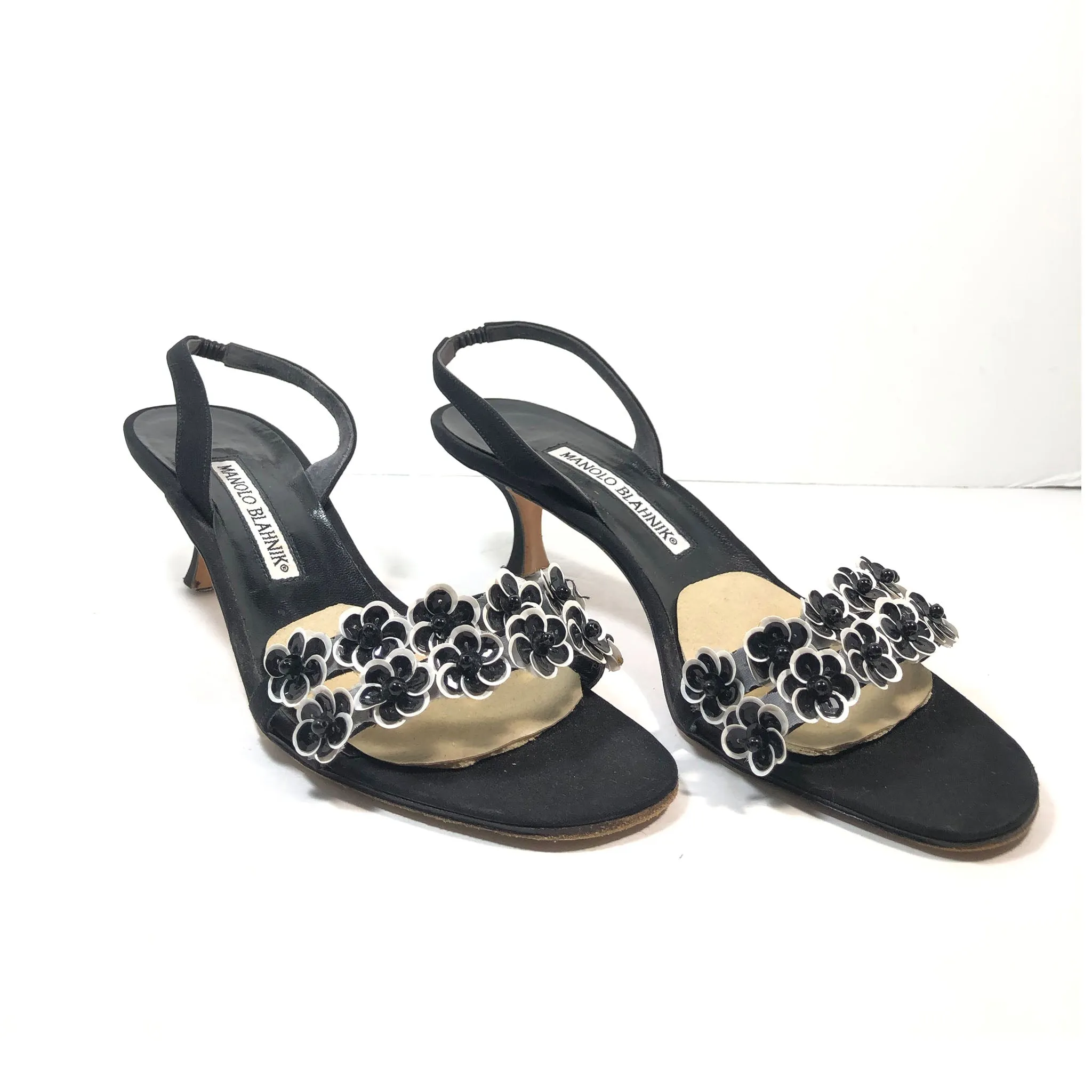 MANOLO BLAHNIK Black & White Slingback Heels Size 38 1/2