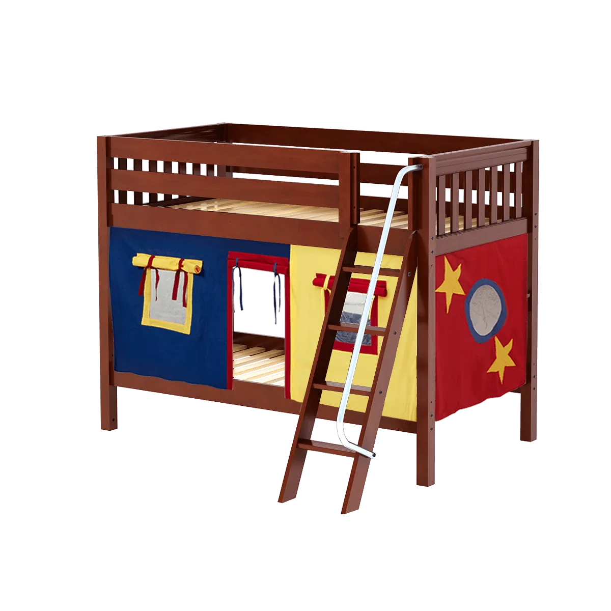 Maxtrix Twin Low Bunk Bed with Angled Ladder   Curtain