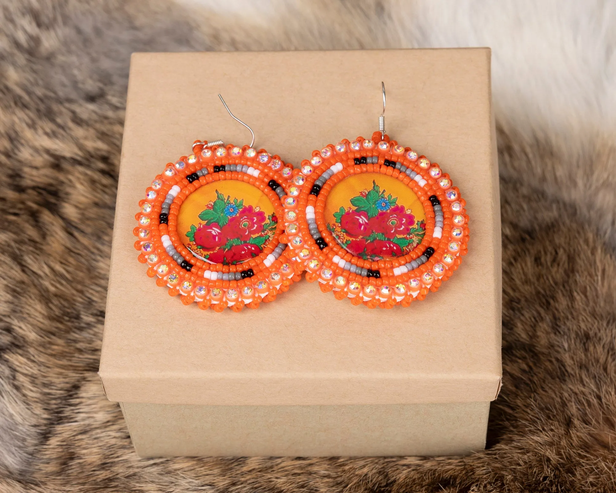 Round Beaded Earrings with Floral Middle
