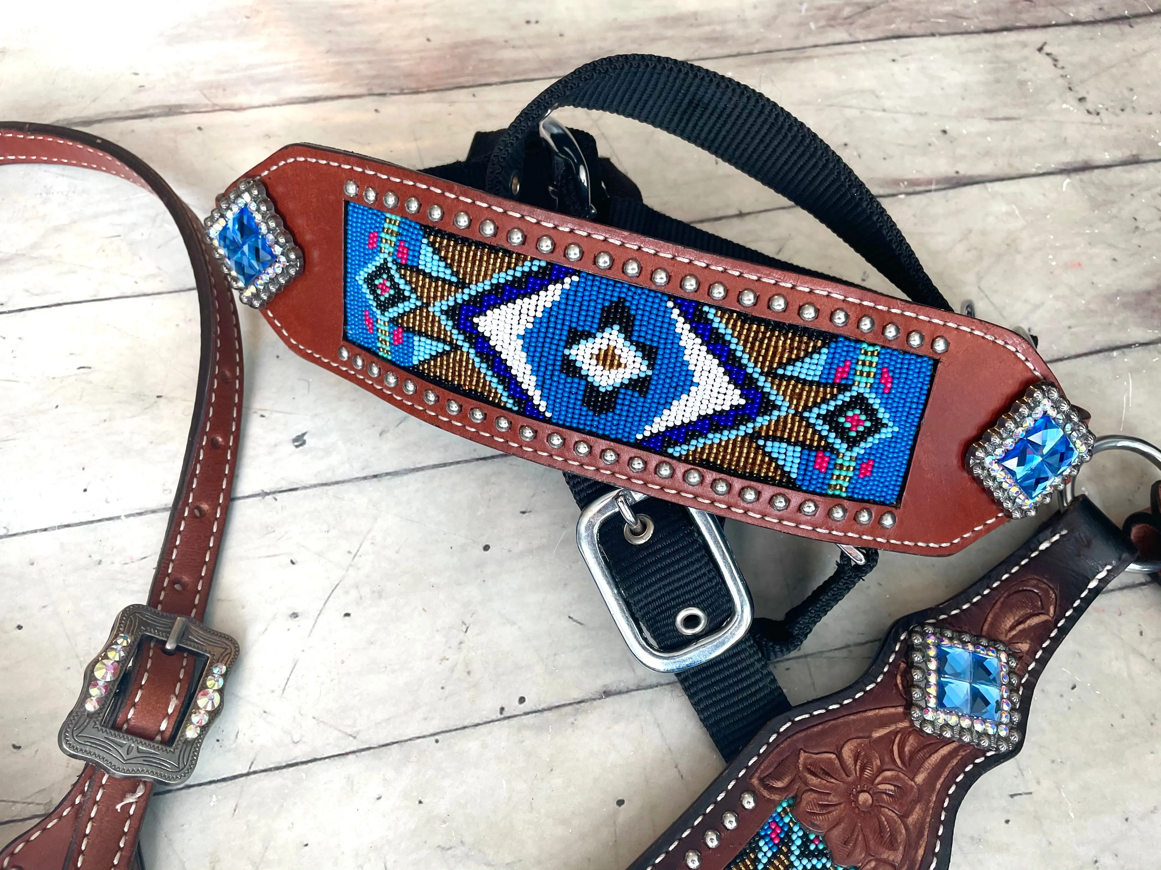 Royal Blue Beaded Inset, Studded Bronc Halter