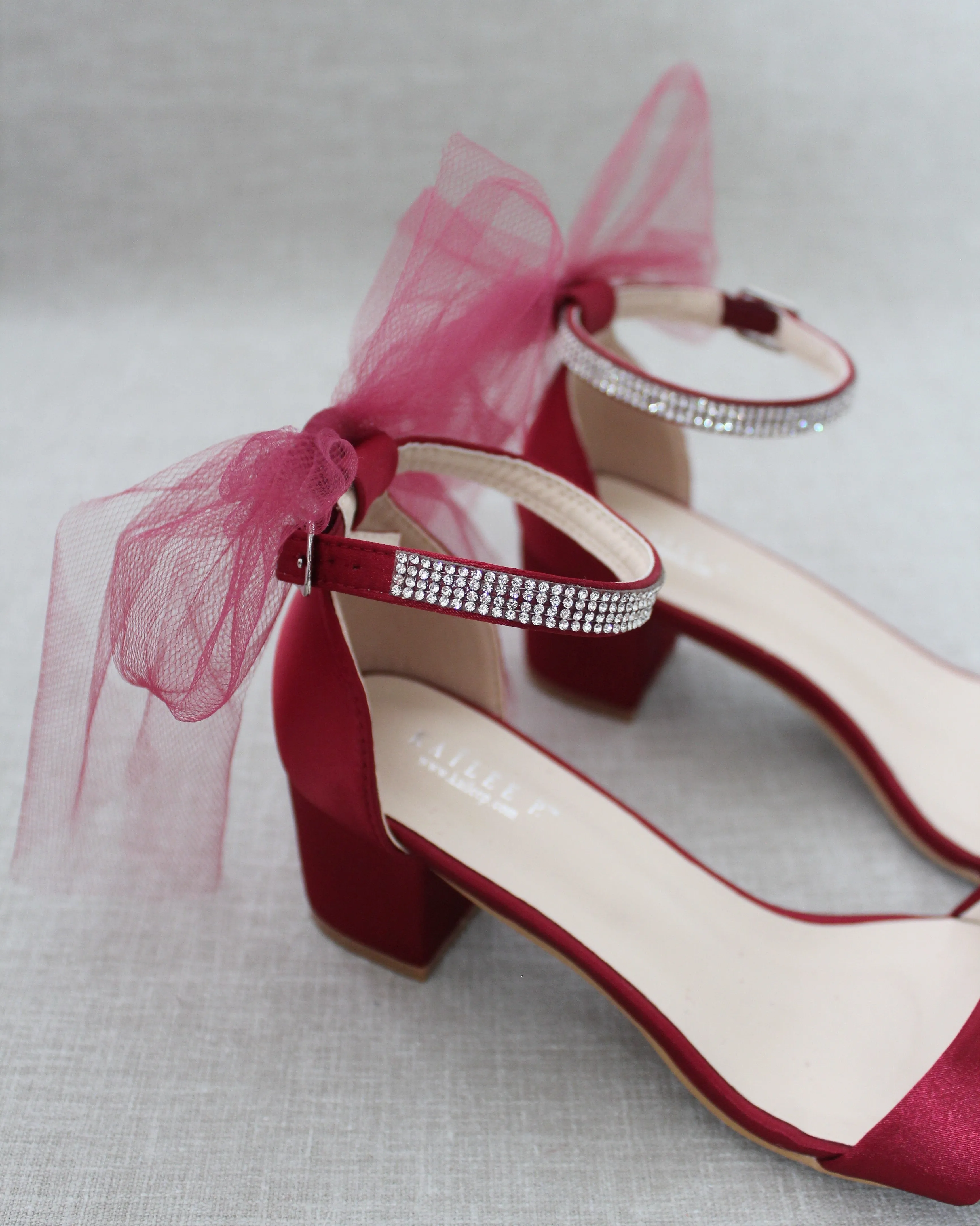 Satin Block Heel Sandals with Tulle Back Bow