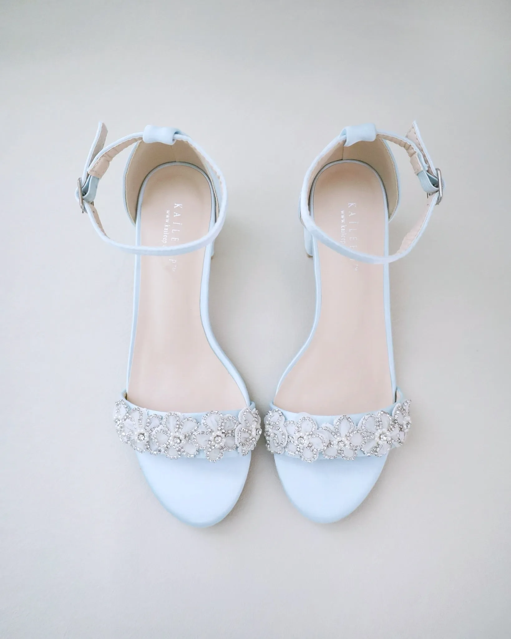 Satin Block Heel Wedding Sandals with Rhinestones Chassia Flower