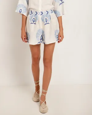SHORTS MINI PEACOCKS ELASTIC WAISTBAND - WHITE BLUE